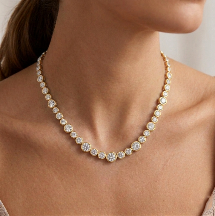 Round Bezel Big & Small Lab Grown Diamond Tennis Necklace Lifestyle YG