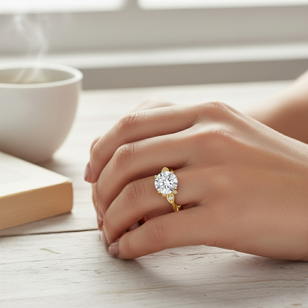 Round Cut Lab Grown Diamond Fiorella Engagement Ring Yellow Gold