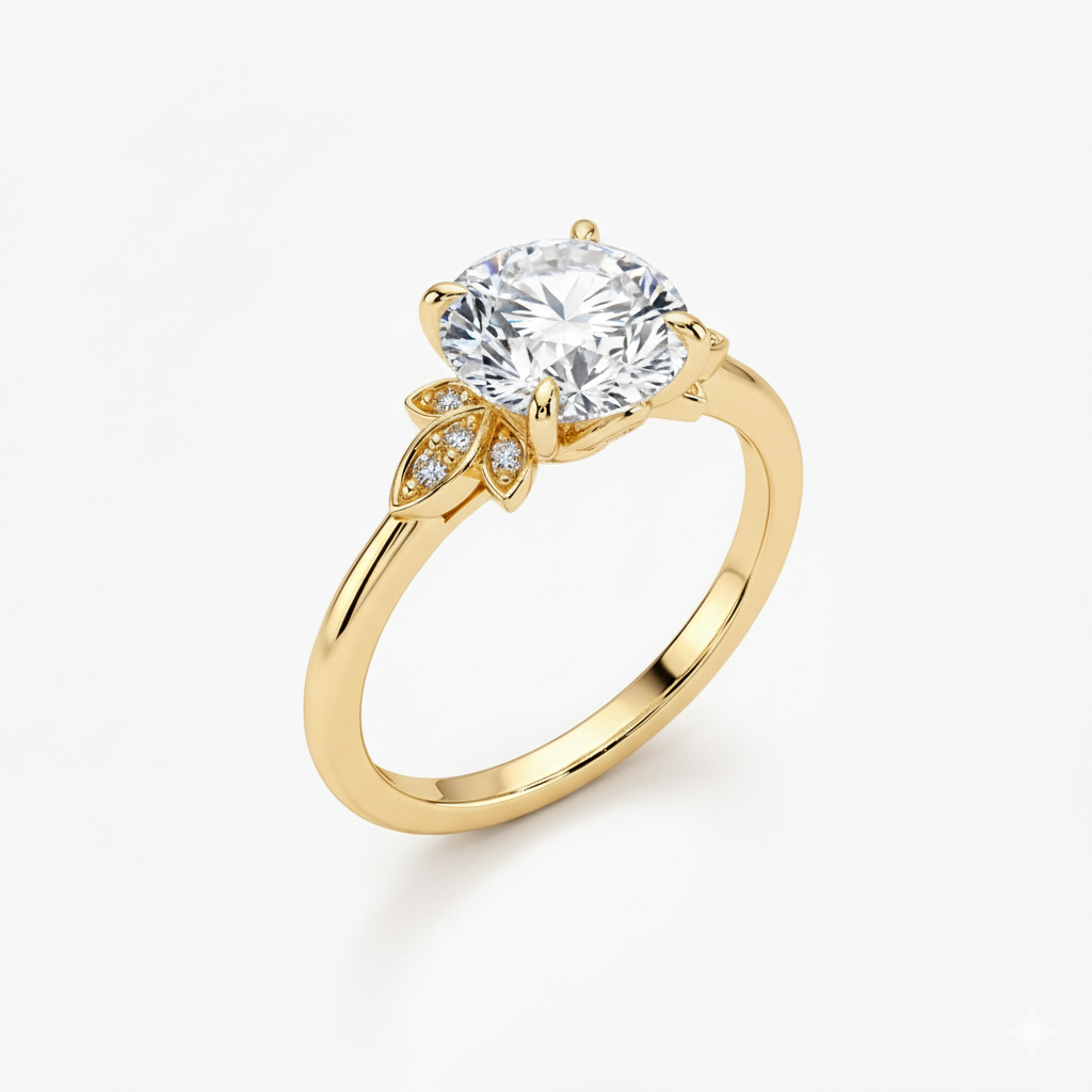 Round Cut Lab Grown Diamond Fiorella Engagement Ring Yellow Gold 14K