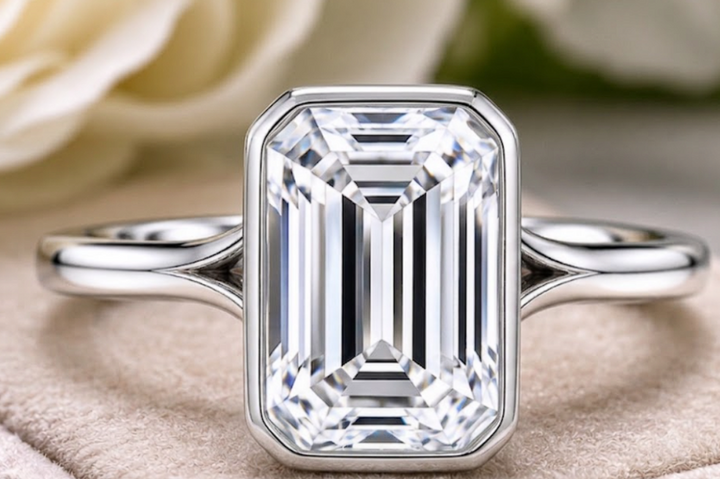 Bezel Set Emerald Cut with Invisible Halo Lab Grown Diamond Ring