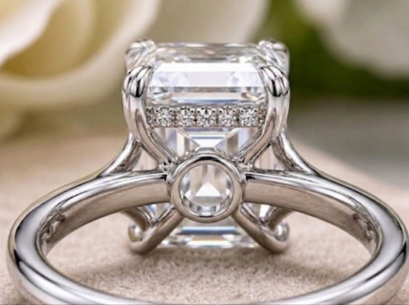 Bezel Set Emerald Cut with Invisible Halo Lab Grown Diamond Ring