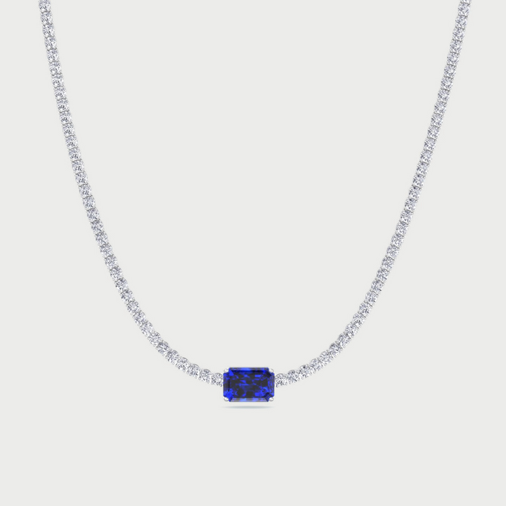 (12CT T.W.) Single Stone Blue Sapphire Lab-Grown Diamond Tennis Necklace 14K Solid Gold