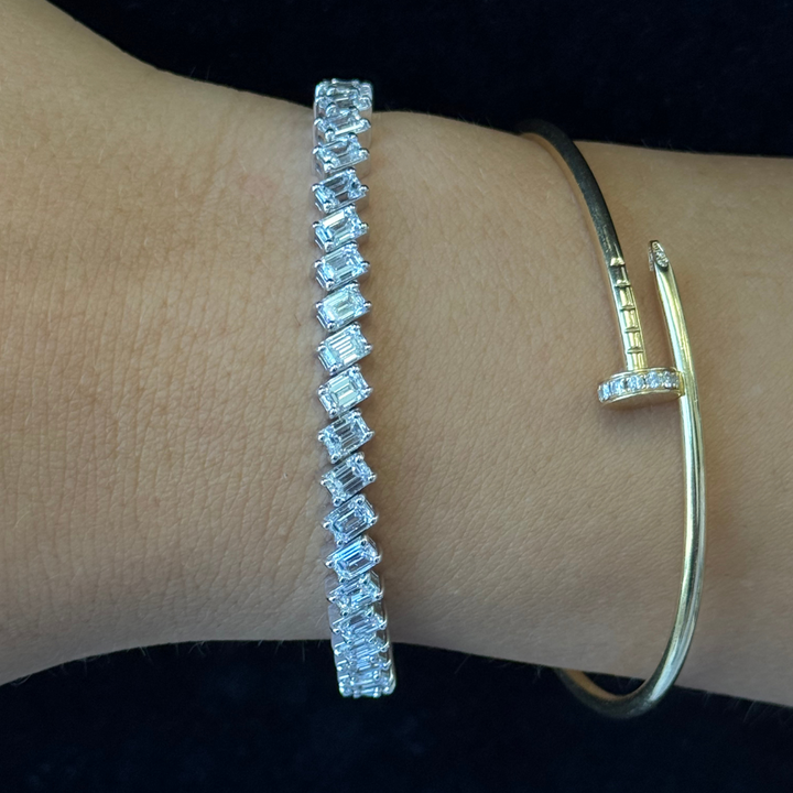Slanted Emerald Cut Lab Grown Diamond Tennis Bracelet 18K Solid Gold