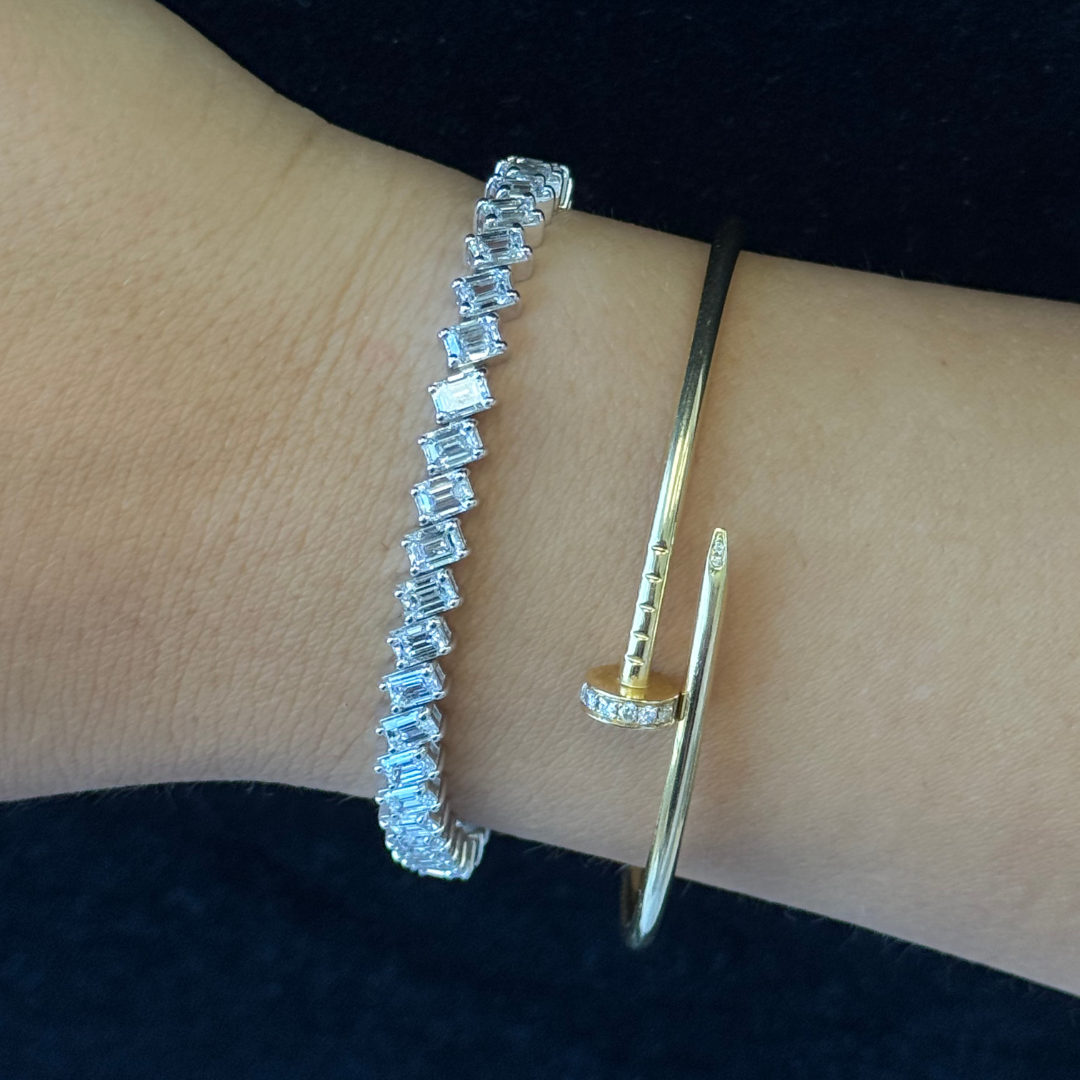Slanted Emerald Cut Lab Grown Diamond Tennis Bracelet 18K Solid Gold