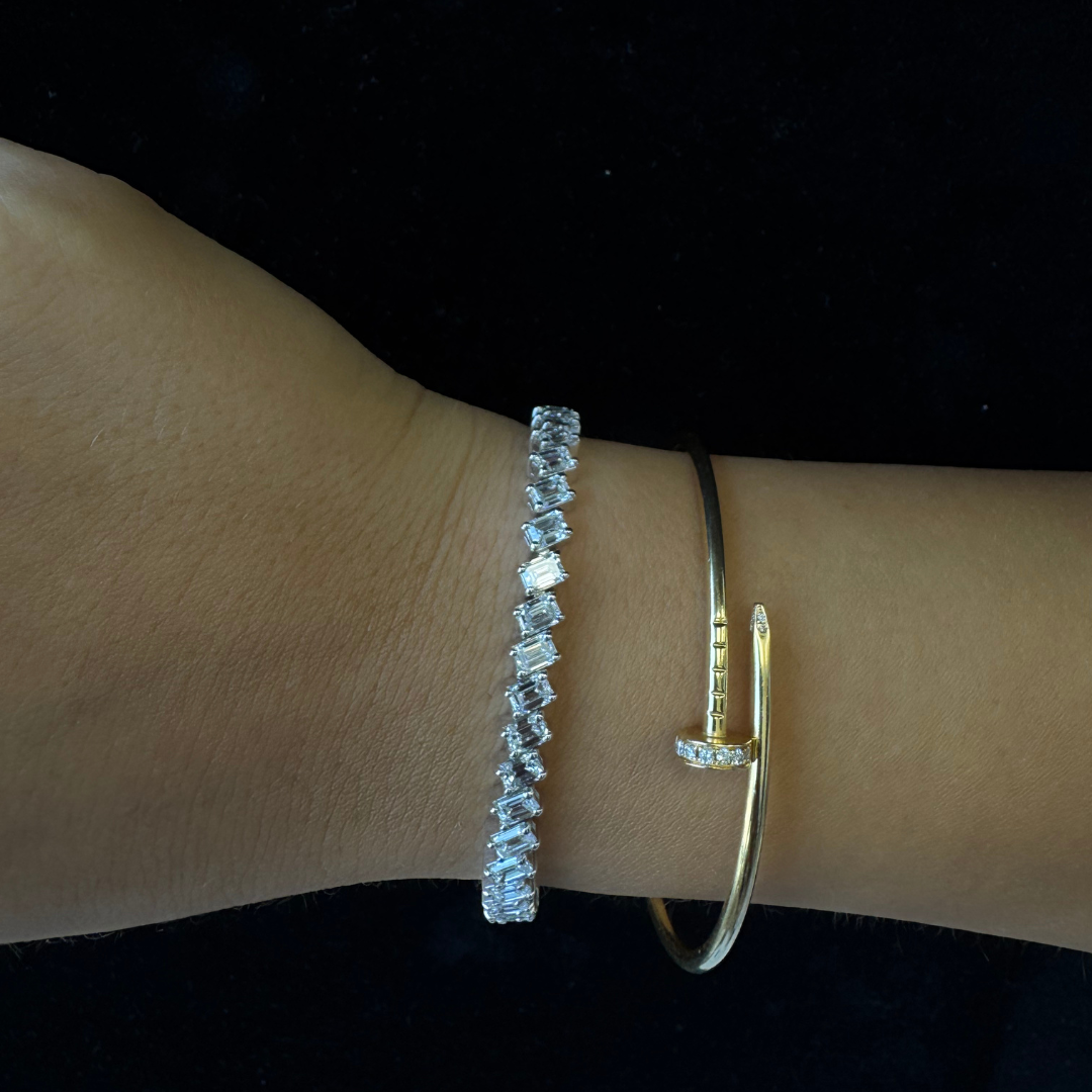 Slanted Emerald Cut Lab Grown Diamond Tennis Bracelet 18K Solid Gold