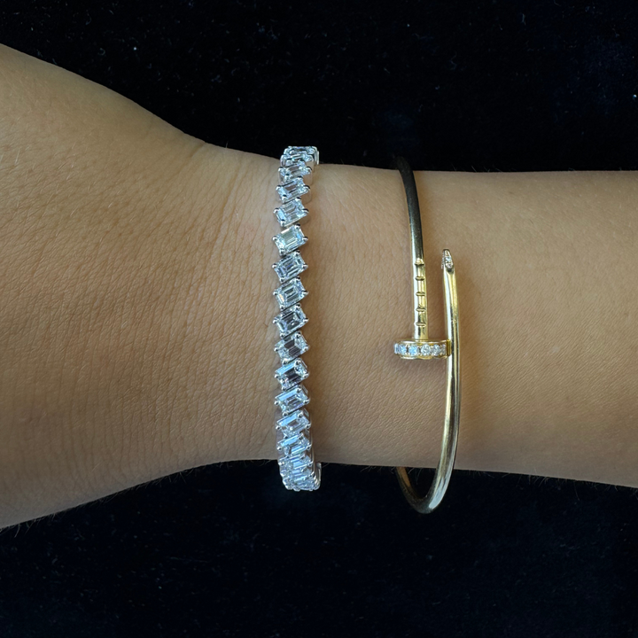 Slanted Emerald Cut Lab Grown Diamond Tennis Bracelet 18K Solid Gold