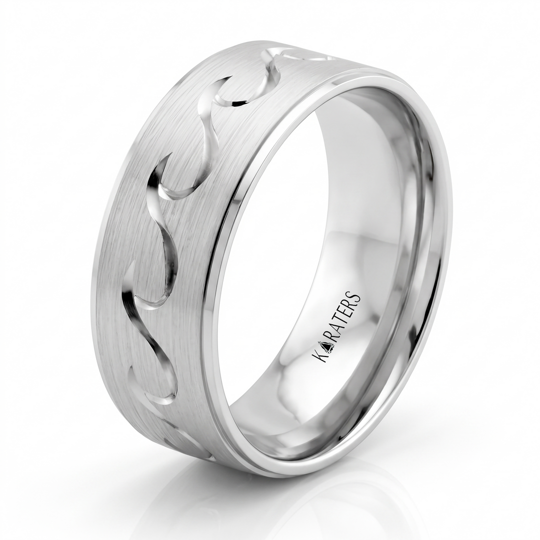 Men's Wave Pattern Solid Gold Band WG