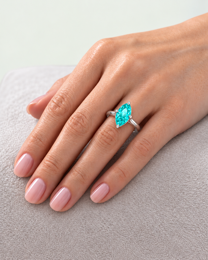 Marquise-Cut Paraiba Tourmaline and Lab-Grown Diamond Engagement Ring lifestyle image white