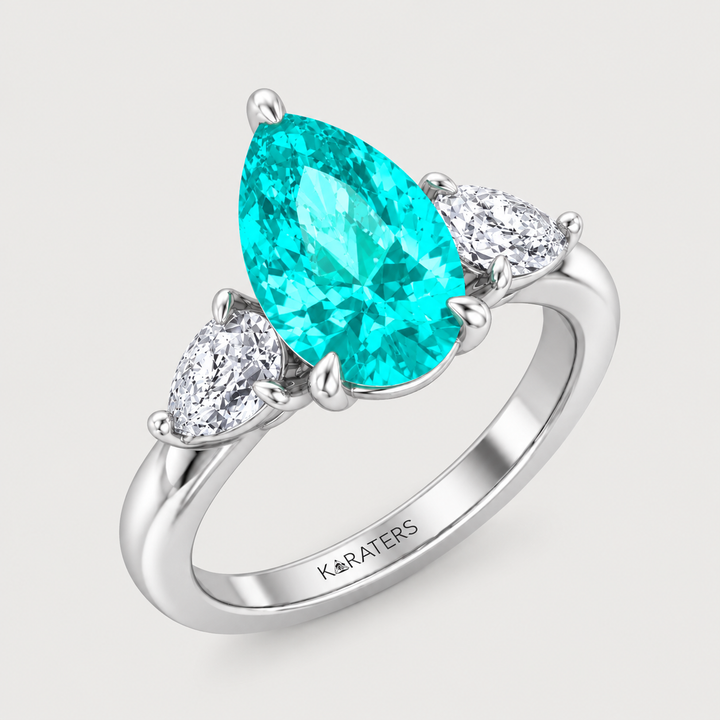 Pear Shape Paraiba Tourmaline Lab Grown Diamond Engagement Ring with Pear Sidestones 