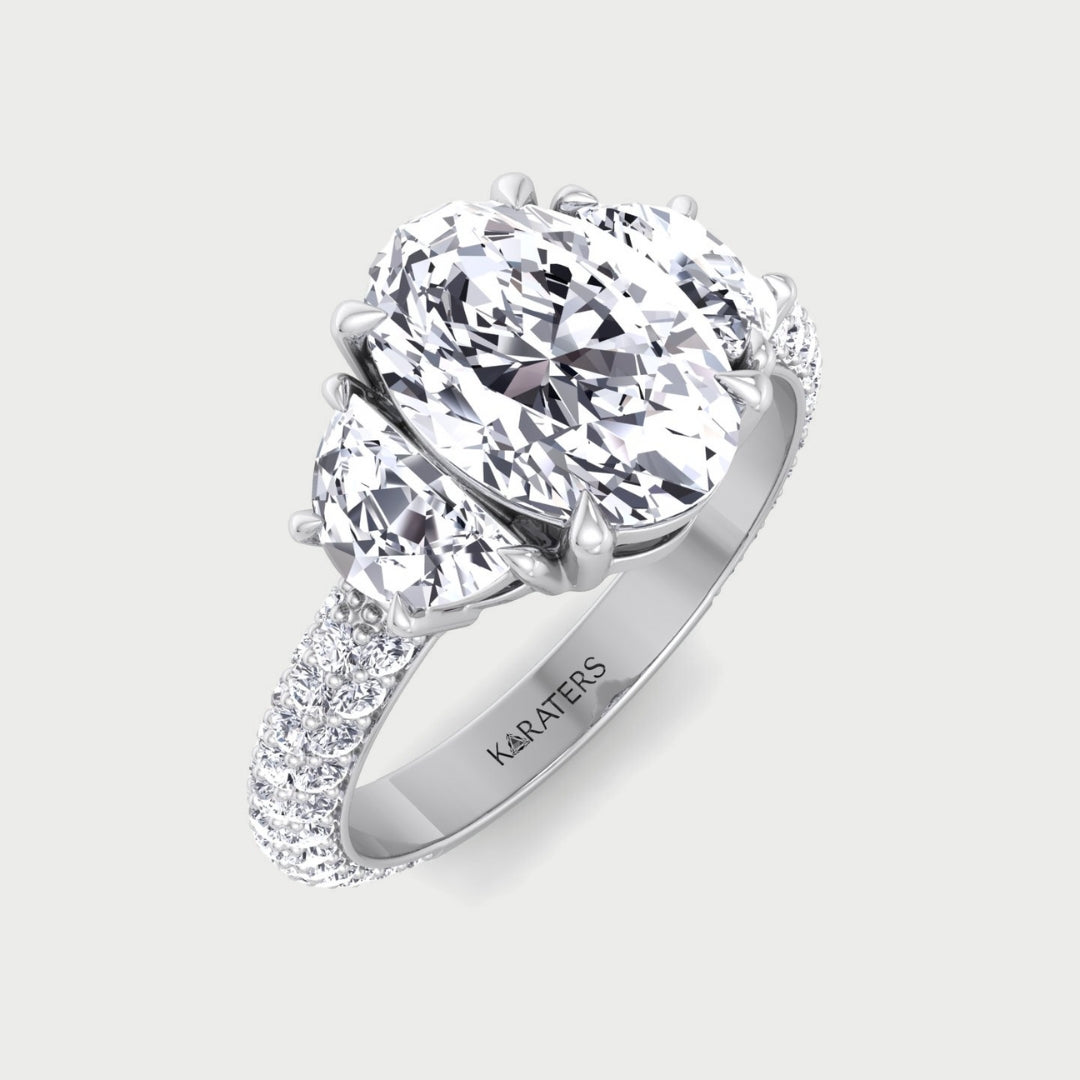 Oval and Half Moon Shape Three Stone Lab Grown Diamond Engagement Ring with Pave Band