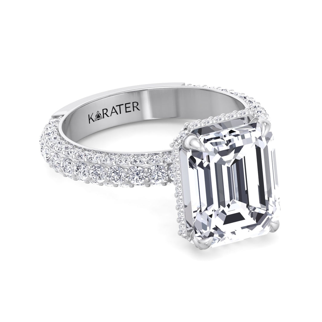 Thick Pave Emerald Cut Hidden Halo Lab Diamond Ring White 