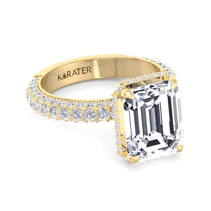 Thick Pave Emerald Cut Hidden Halo Lab Diamond Ring Yellow