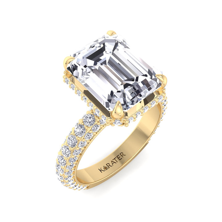 Thick Pave Emerald Hidden Halo Lab Diamond Ring Yellow Gold