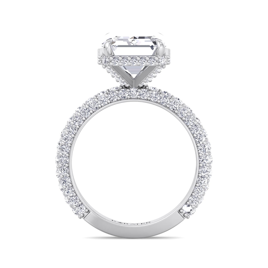 Thick Pave Emerald Hidden Halo Lab Diamond White Ring 