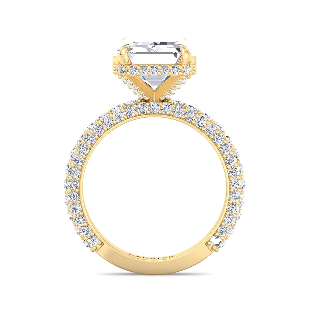 Thick Pave Emerald Hidden Halo Lab Diamond Yellow Ring 