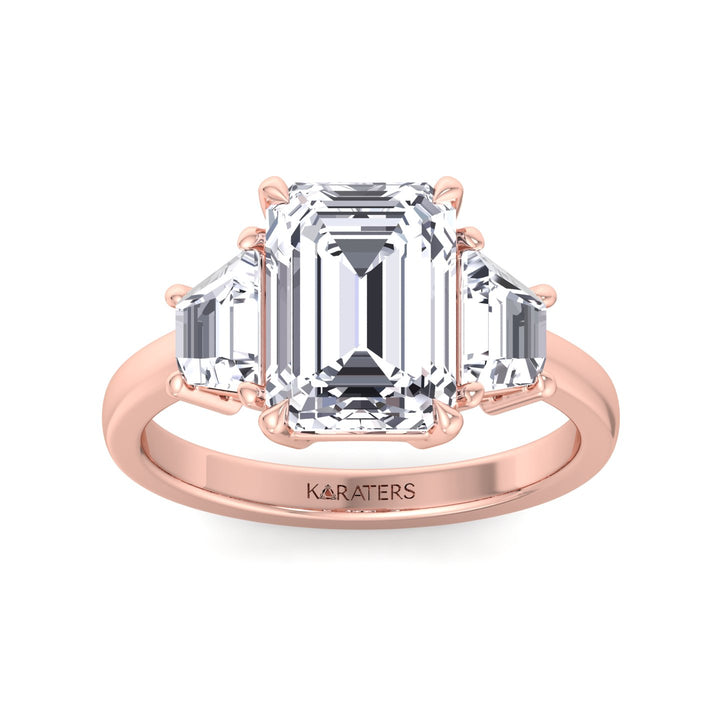 Three-Stone Emerald & Trapezoid Lab Diamond Ring Rose Gold