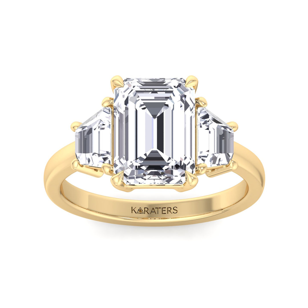 Three-Stone Emerald & Trapezoid Lab Diamond Ring Yellow Gold