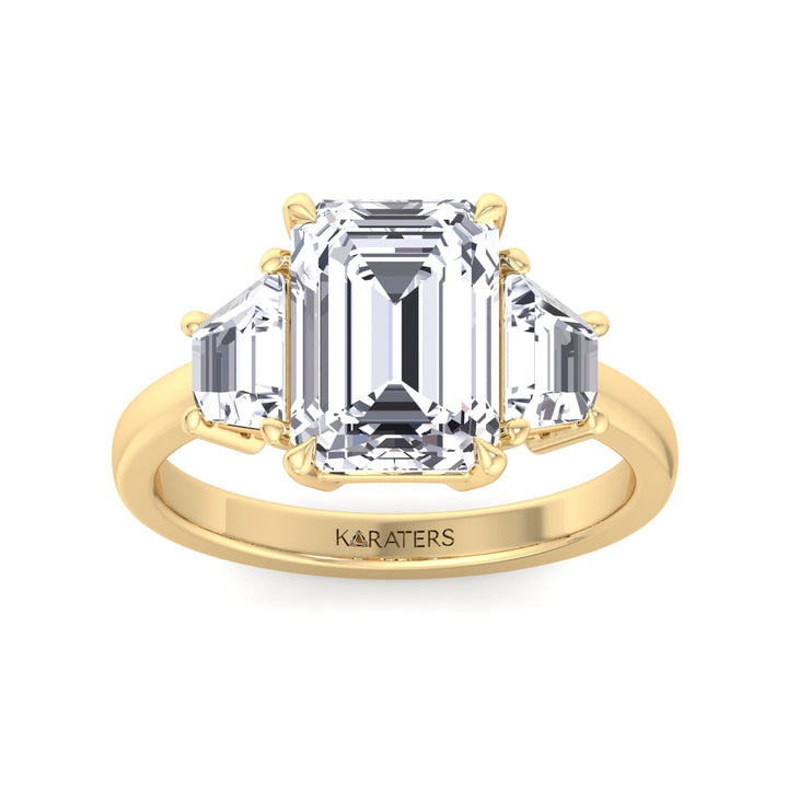 Three-Stone Emerald & Trapezoid Lab Diamond Ring Yellow Gold