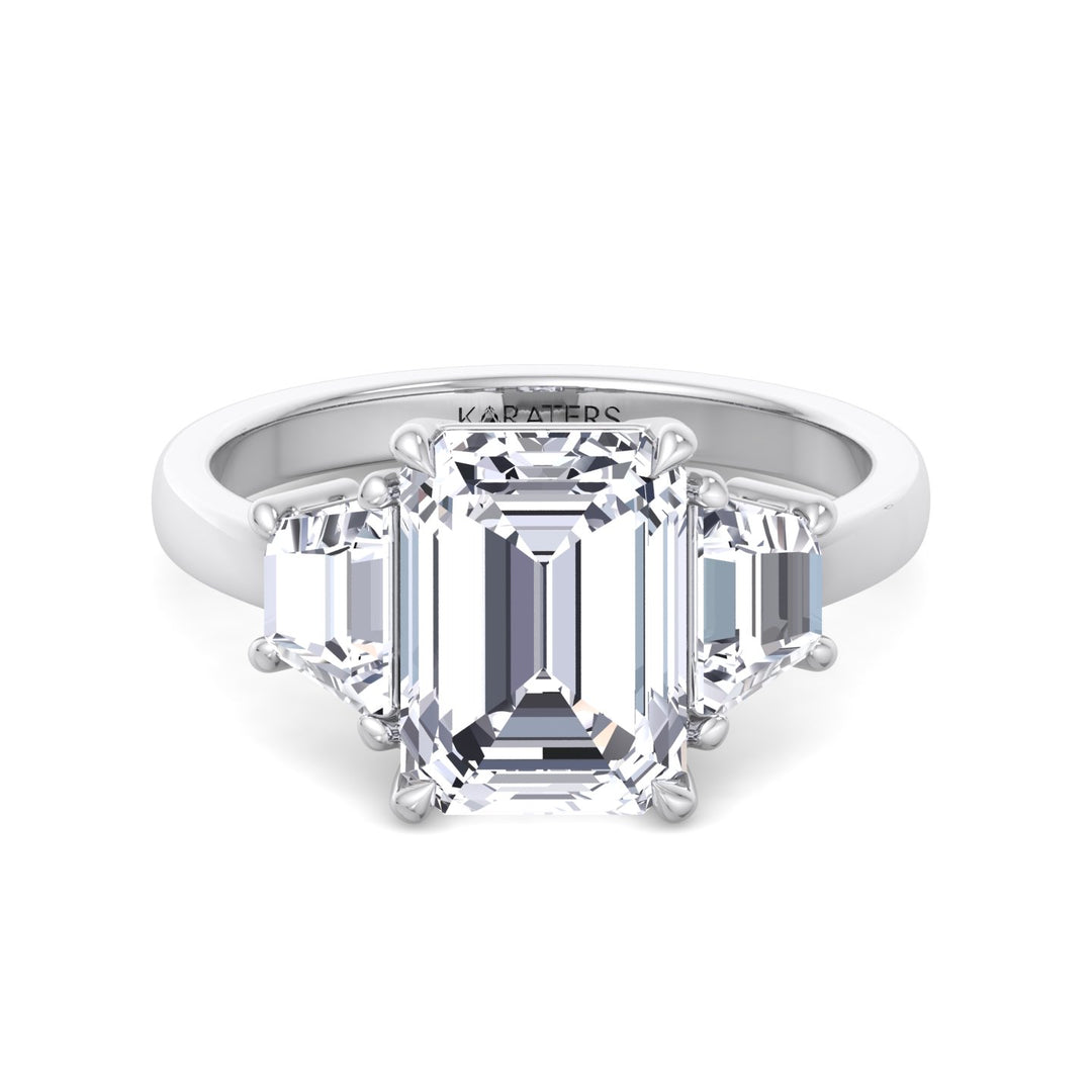 Three-Stone Emerald & Trapezoid Lab Diamond White Ring, Front