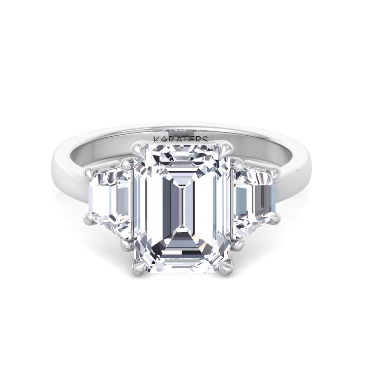 Three-Stone Emerald & Trapezoid Lab Diamond White Ring, Front