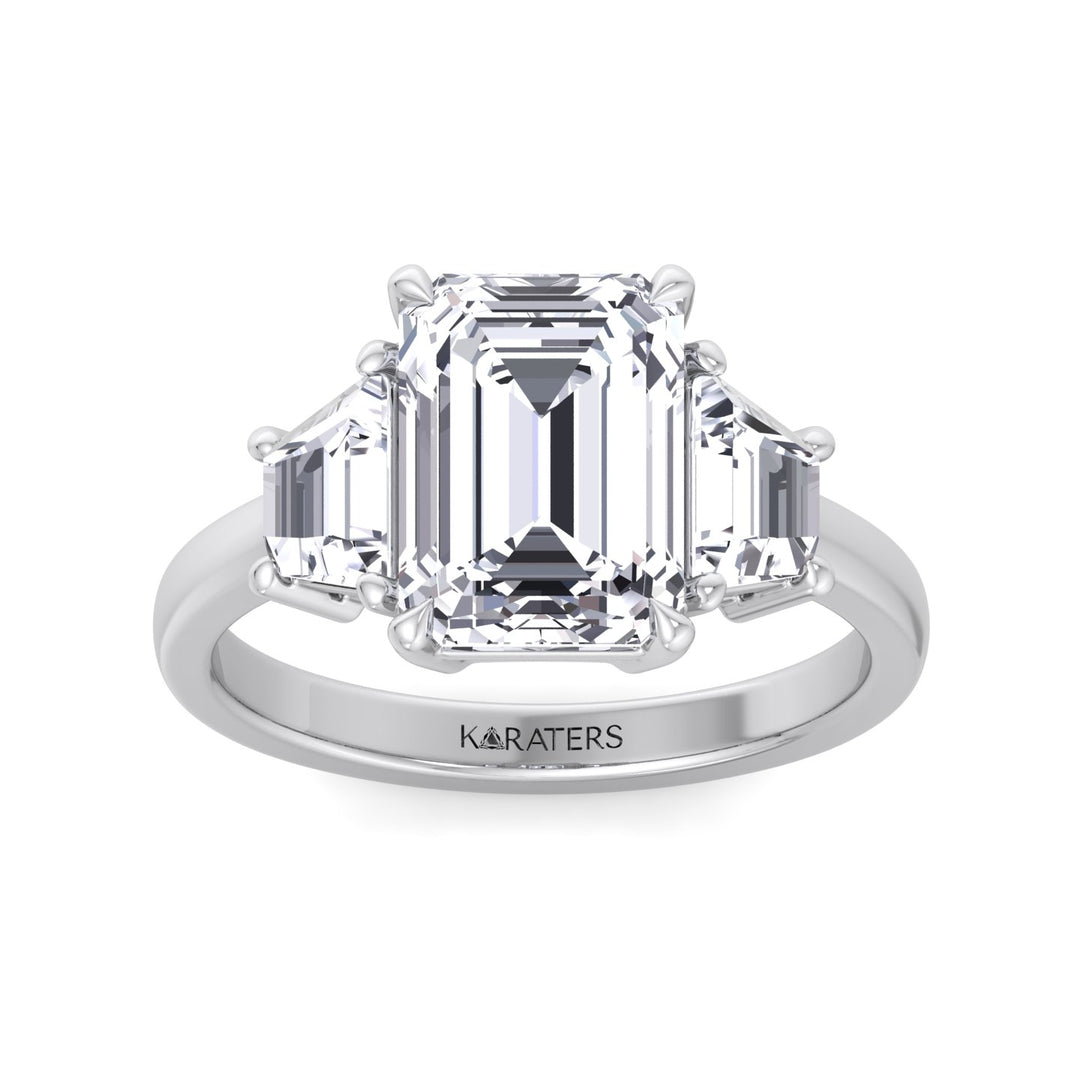 Three-Stone Emerald & Trapezoid Lab Diamond White Ring, Top Down