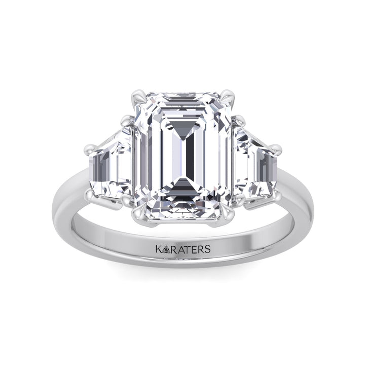 Three-Stone Emerald & Trapezoid Lab Diamond White Ring, Top Down