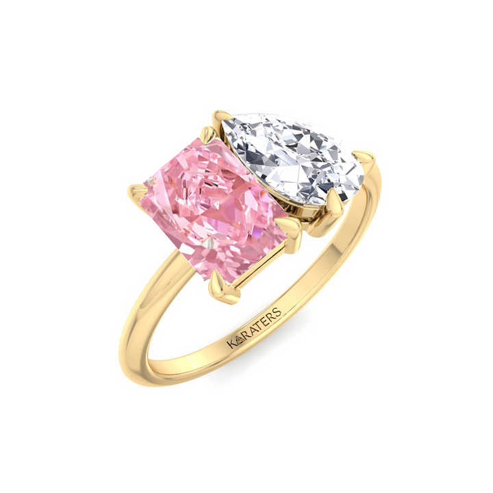 Toi Et Moi Fancy Pink Radiant Cut & Pear Shape Lab Grown Diamond R‌ing YG