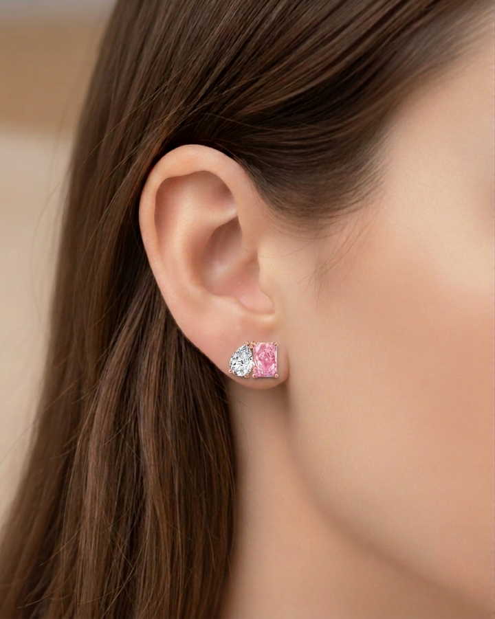 Toi Et Moi Fancy Pink Radiant Cut & Pear Shape Lab Grown Diamond Stud