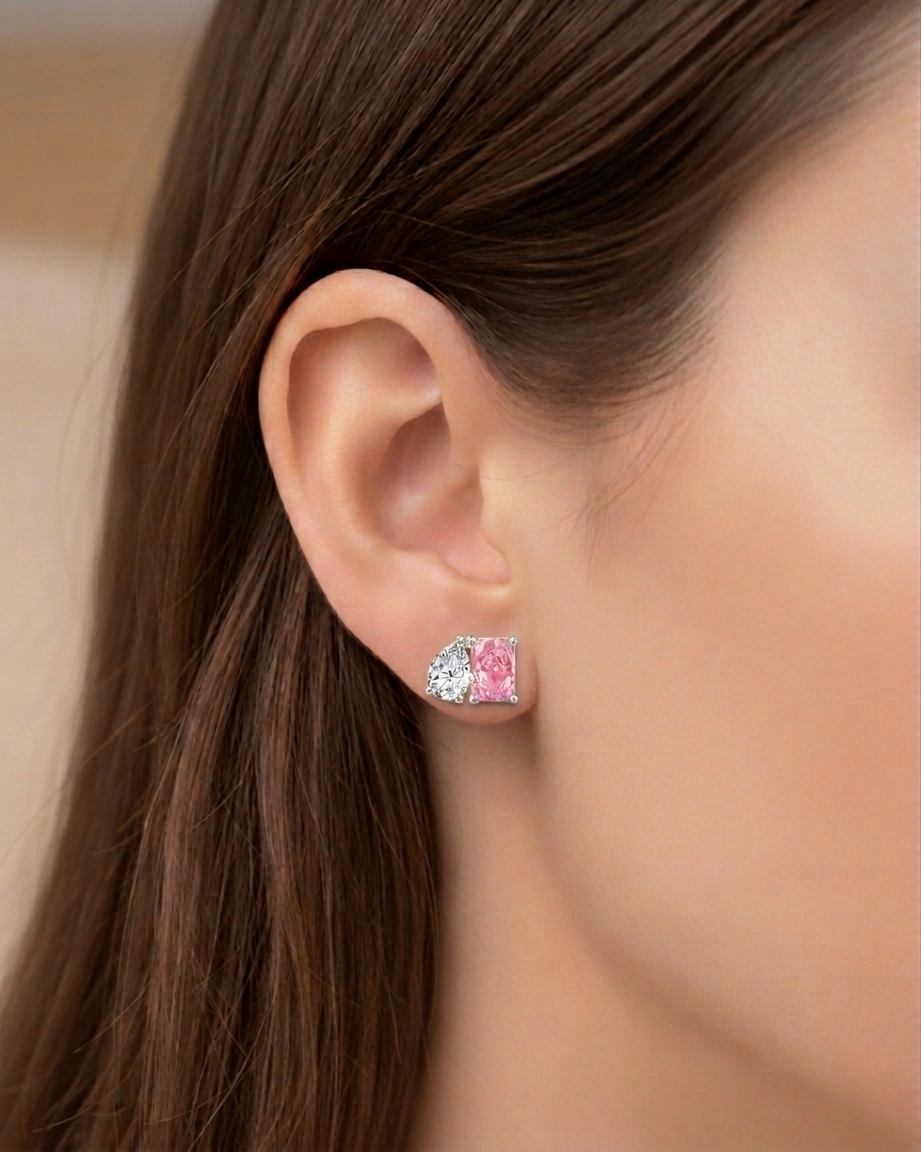 Toi Et Moi Fancy Pink Radiant Cut & Pear Shape Lab Grown Diamond Stud