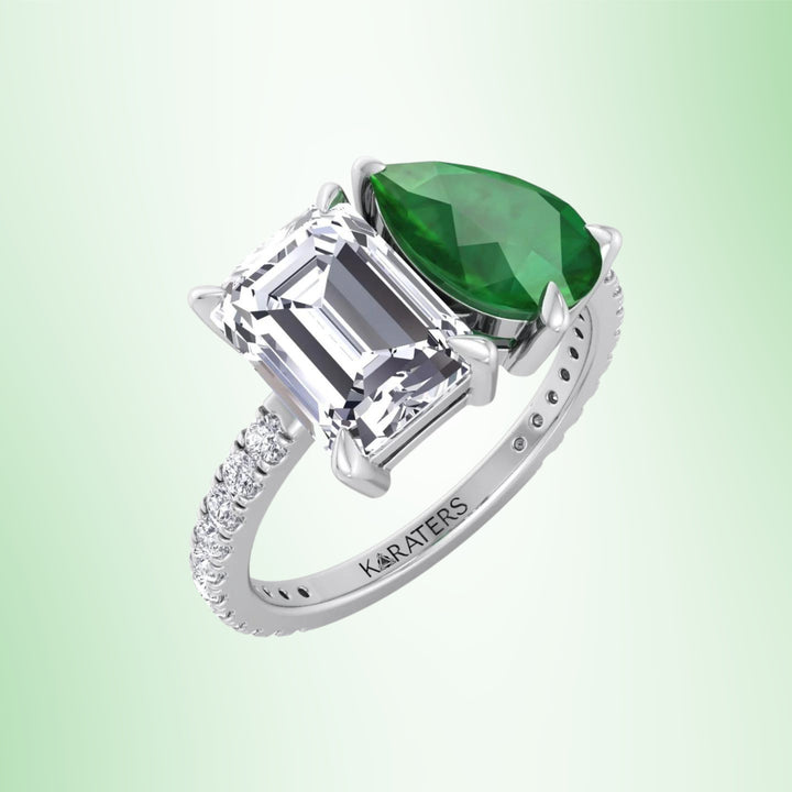 Toi Et Moi Emerald & Green Pear Lab Diamond Engagement Ring Pave Band