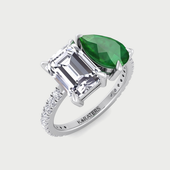 Toi Et Moi Emerald & Green Pear Shape Lab Grown Diamond Engagement Ring With Pave Band