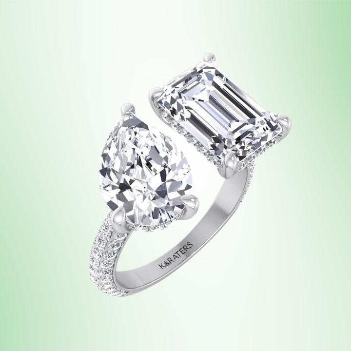 Toi Et Moi Emerald & Pear Lab Diamond Halo Engagement Ring Side Stones