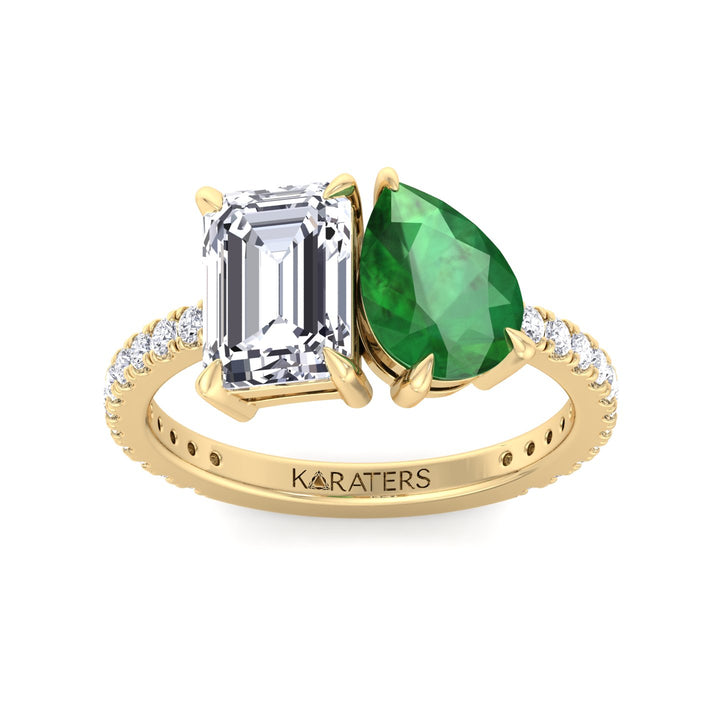 Toi et Moi Emerald & Green Pear Diamond Ring Pavé Yellow