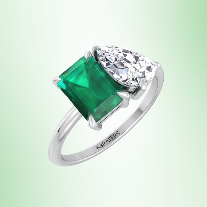 Toi et Moi Green Emerald & Pear Lab Diamond Engagement Ring