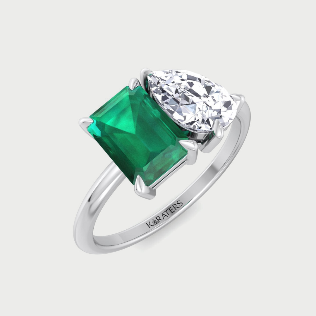 Toi et Moi Green Emerald & Pear Lab Diamond Engagement Ring