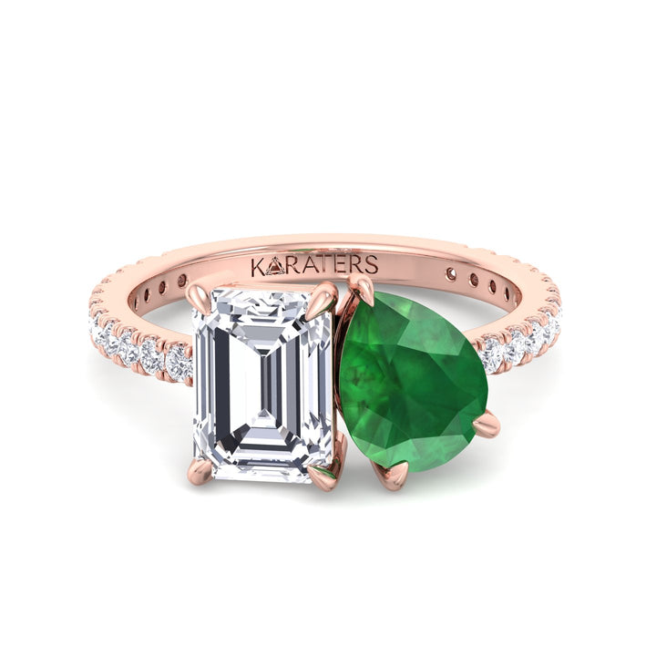 Toi et Moi Lab Diamond Ring Emerald, Green Pear Rose Gold