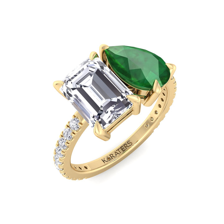 Toi et Moi Lab Diamond Ring Emerald, Green Pear Yellow