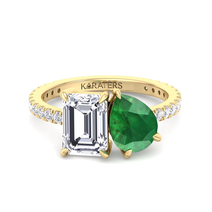 Toi et Moi Lab Diamond Ring Emerald, Green Pear Yellow Gold