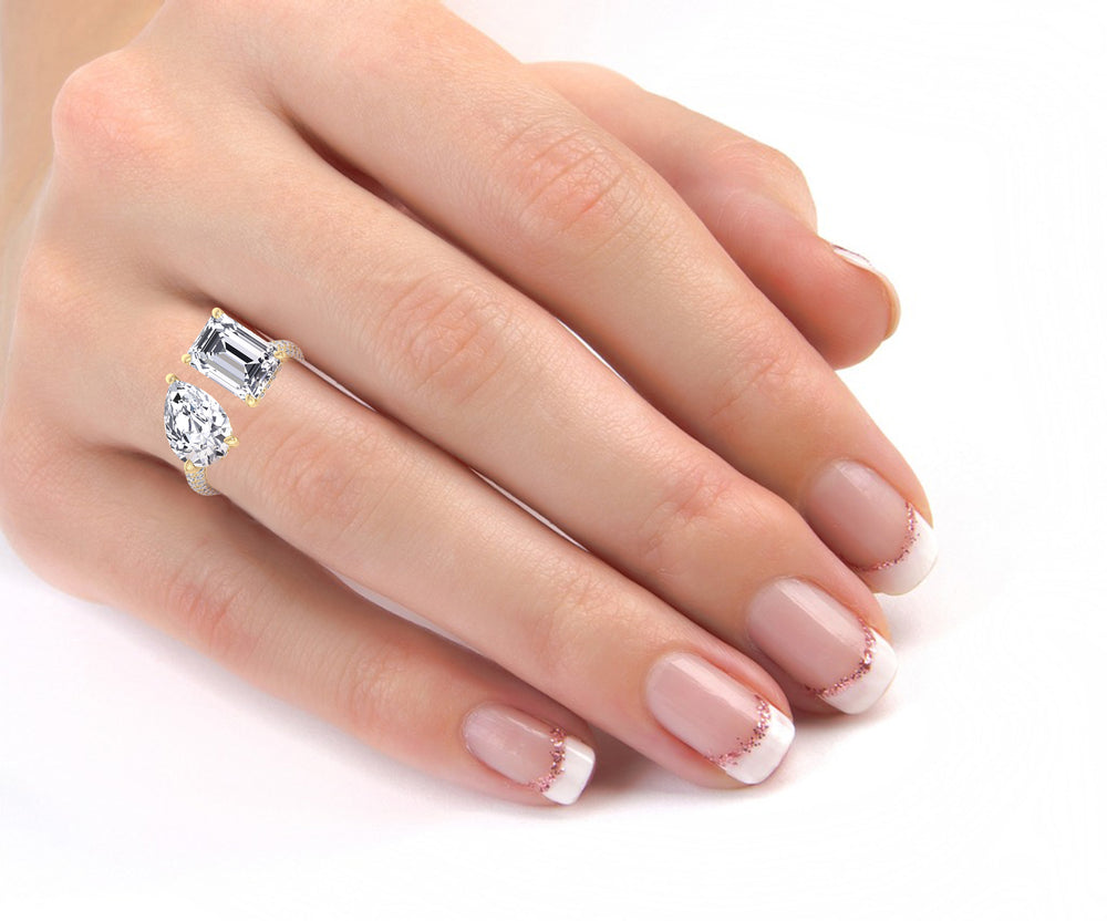 Toi et Moi Ring Emerald, Pear Diamond & Hidden Halo Yellow