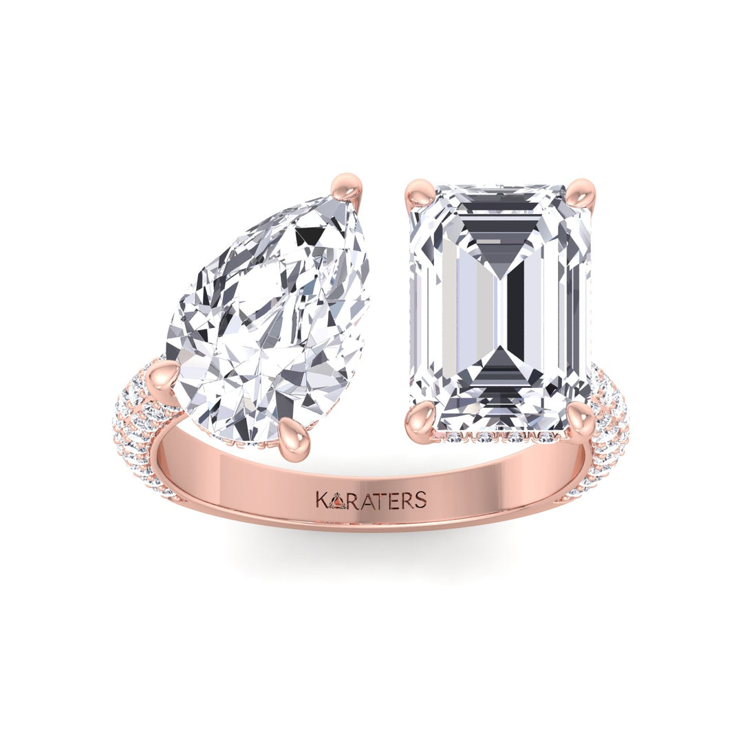 Toi et Moi Ring with Emerald & Pear Diamonds Rose Gold