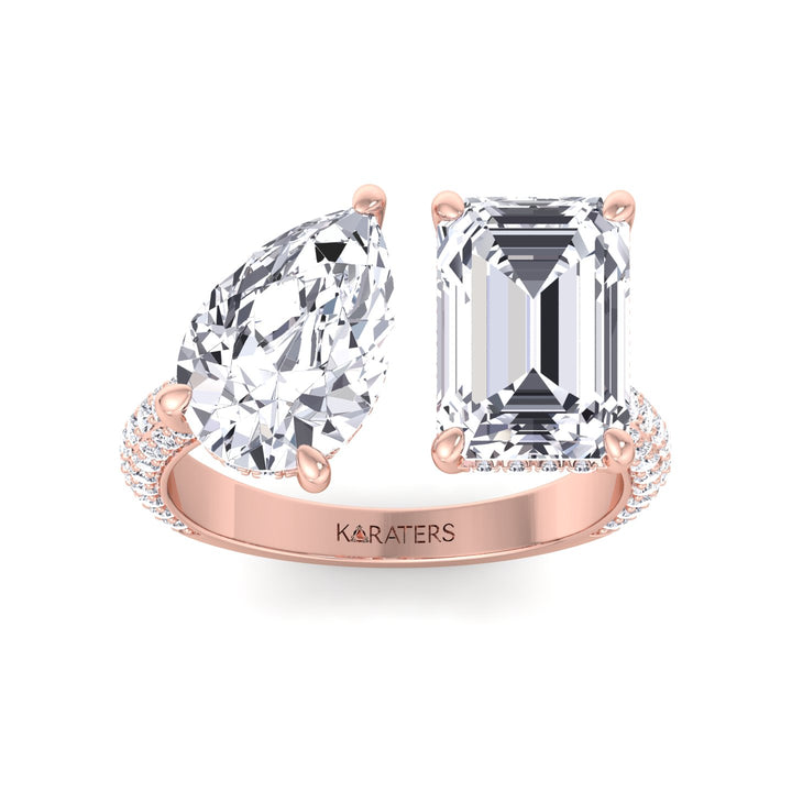 Toi et Moi Ring with Emerald & Pear Diamonds Rose Gold
