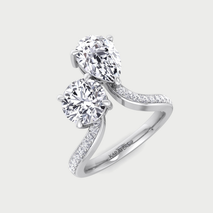 Toi et Moi Round Pear Lab Diamond Bypass Engagement Ring Pave Band