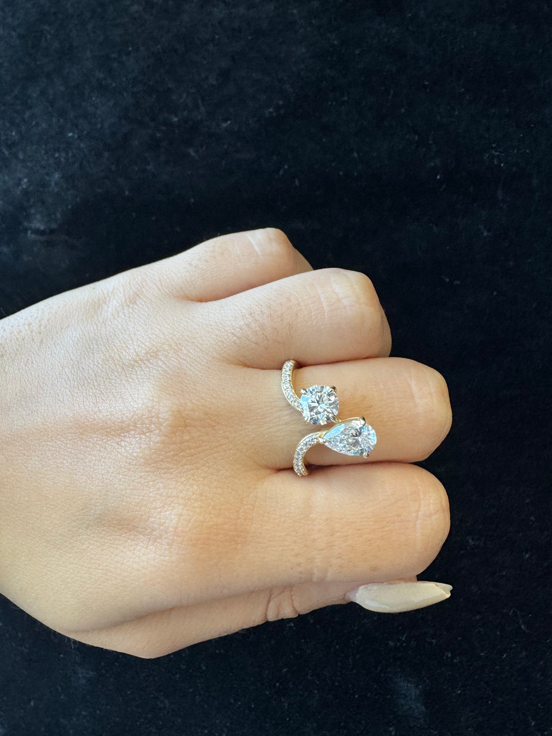 Toi et Moi Round Pear Lab Diamond Bypass Ring Pave Band Rose