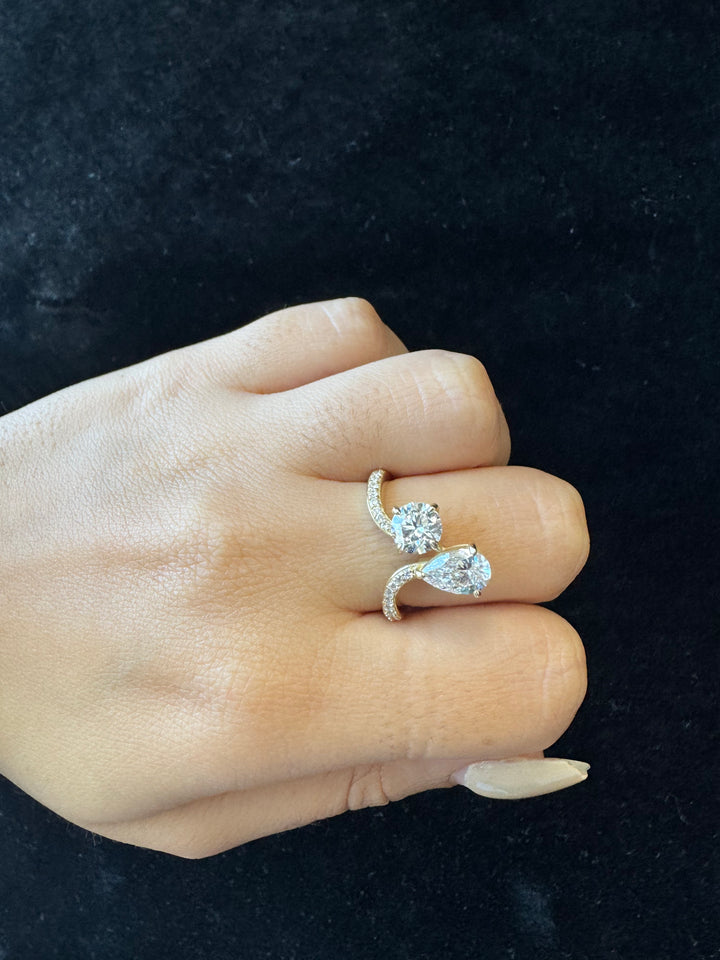Toi et Moi Round Pear Lab Diamond Bypass Ring Pave Band Rose