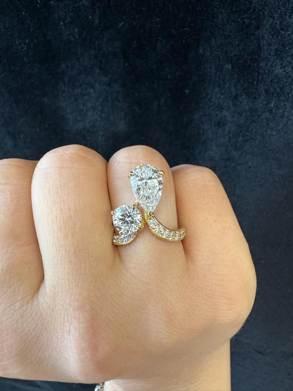 Toi et Moi Round Pear Lab Diamond Bypass Ring Pave Yellow