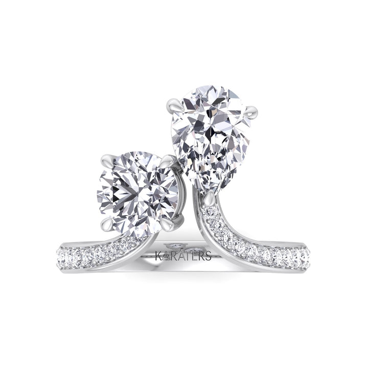 Toi et Moi Round Pear Lab Diamond Bypass White Ring Pave 