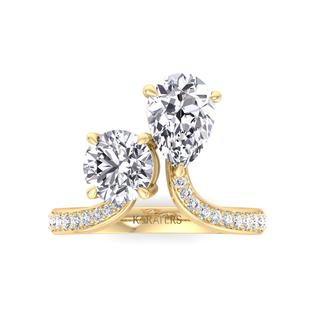 Toi et Moi Round Pear Lab Diamond Ring Pave Yellow Gold