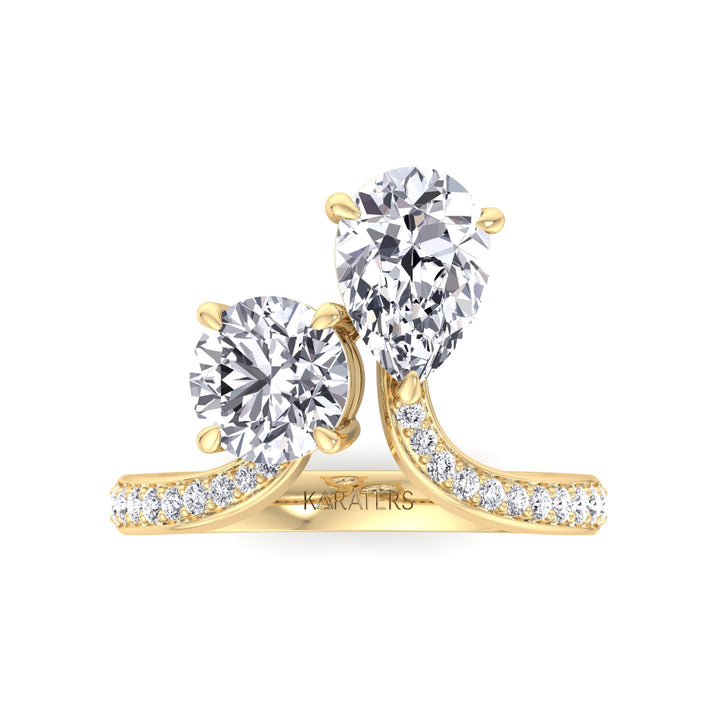Toi et Moi Round Pear Lab Diamond Ring Pave Yellow Gold