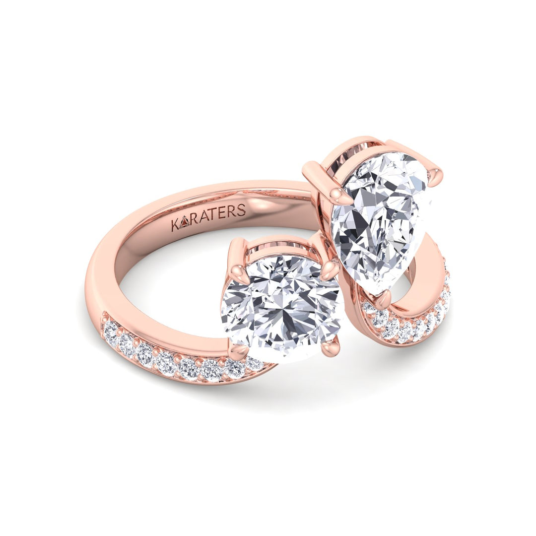 Toi et Moi Round Pear Shape Lab Diamond Bypass Ring Pave Rose 