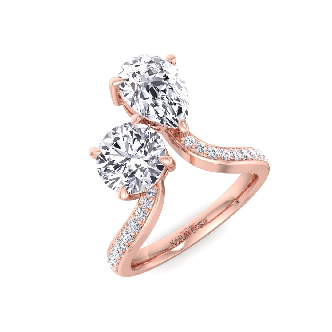 Toi et Moi Round Pear Shape Lab Diamond Rose Gold Ring Pave 